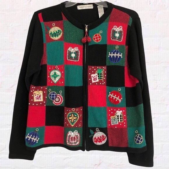Victoria Jones Christmas Sweater Womens Medium Red Cardigan Patchwork Holiday - Picture 1 of 9